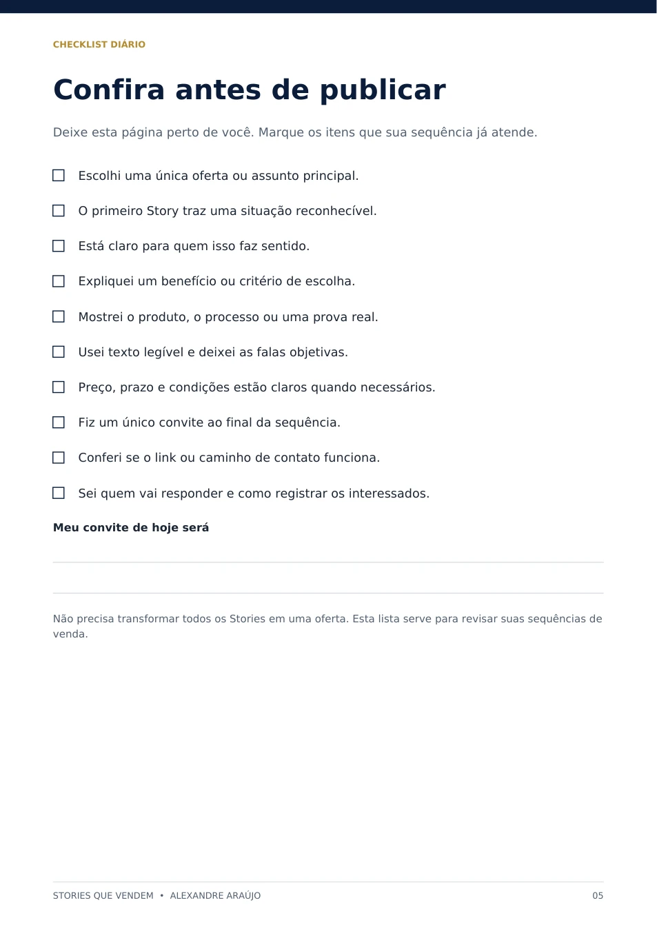 Página 5: checklist diário com dez itens e espaço para escrever o convite